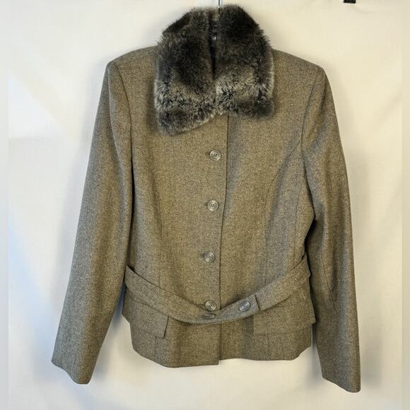 Kate Hill Size 14 Brown 100% Woolmark Blend Tweed Belted Fur Collar Coat Mature - Picture 1 of 7